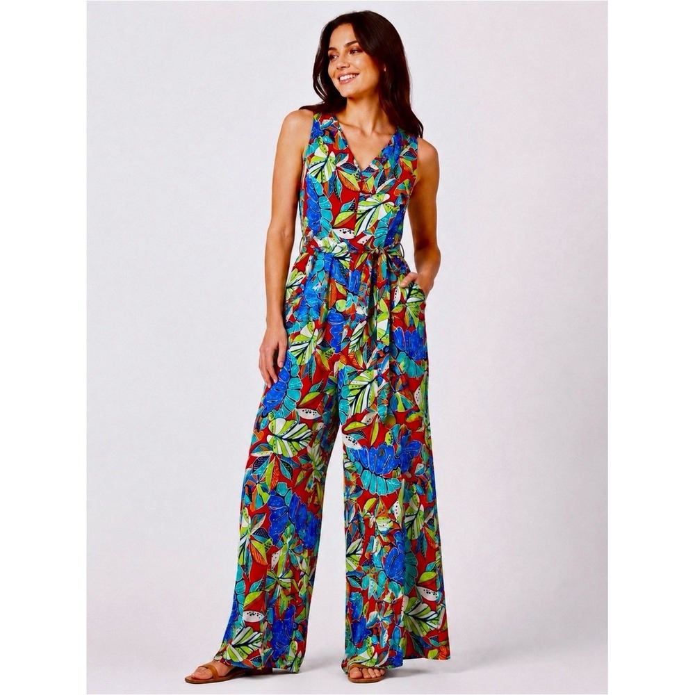 Nicole Miller New York Jumpsuit Women's M Tropical Leaf Wide Leg Sleeveless NWT